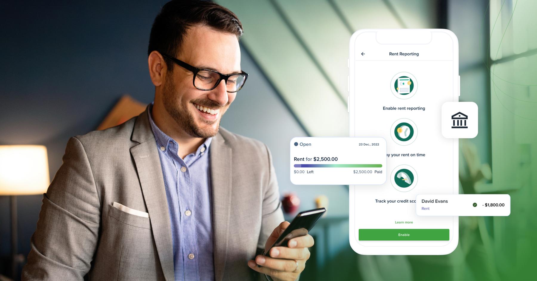 man looking at phone with phone UI on screen