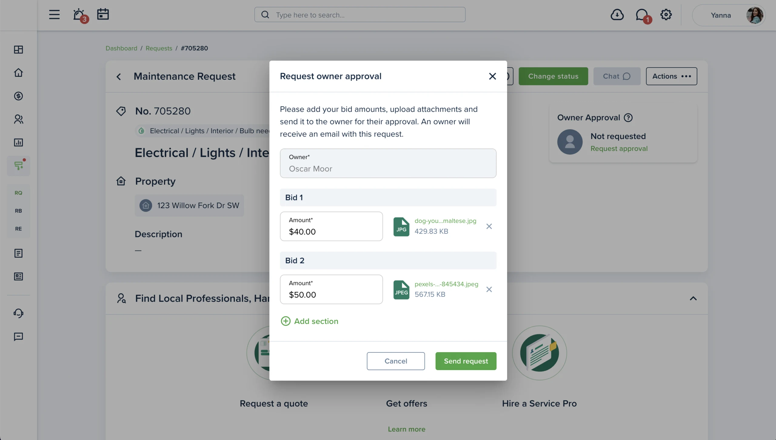 Owner approval request screen showing repair bid amounts and attachments for an electrical maintenance request.
