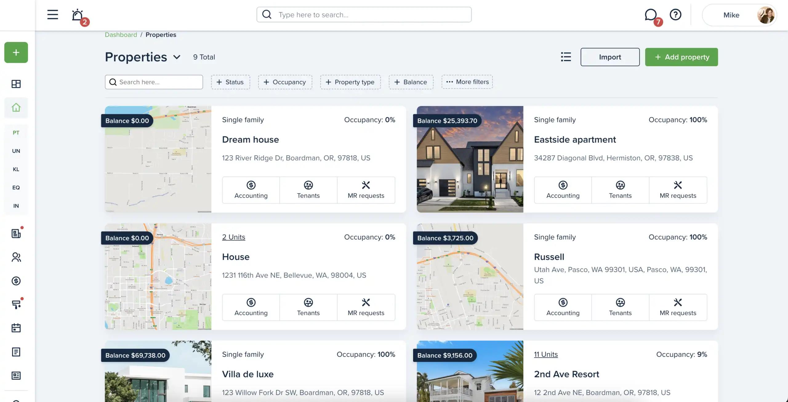 TenantCloud's property list shows balance, occupancy, and quick links for each property.