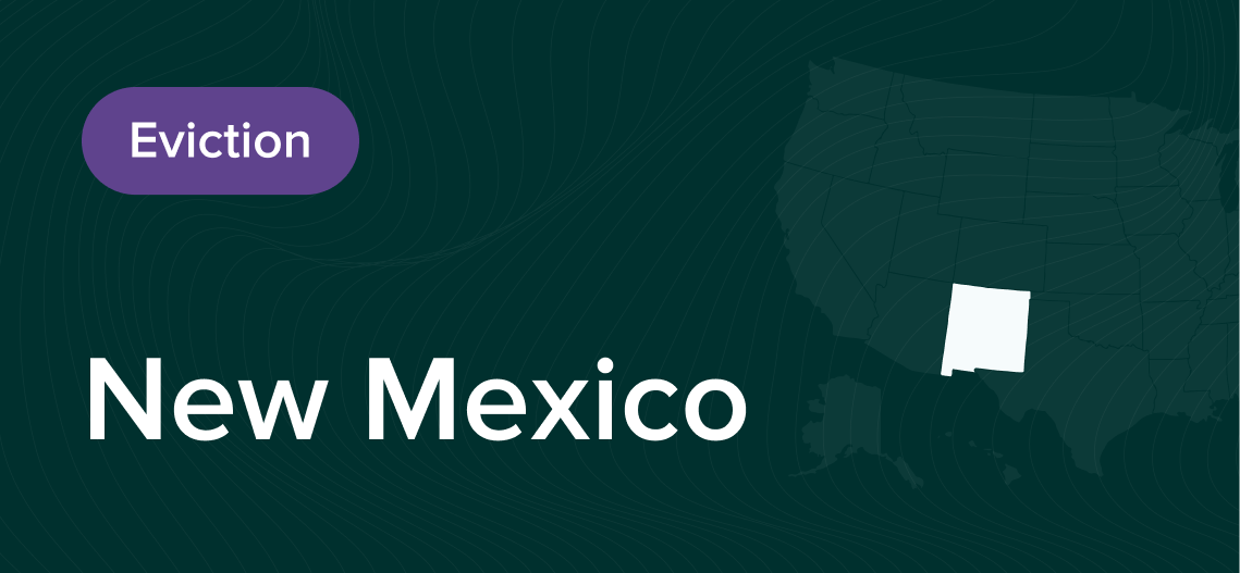 New Mexico eviction graphic with the state highlighted in white on a dark green map of the western U.S.