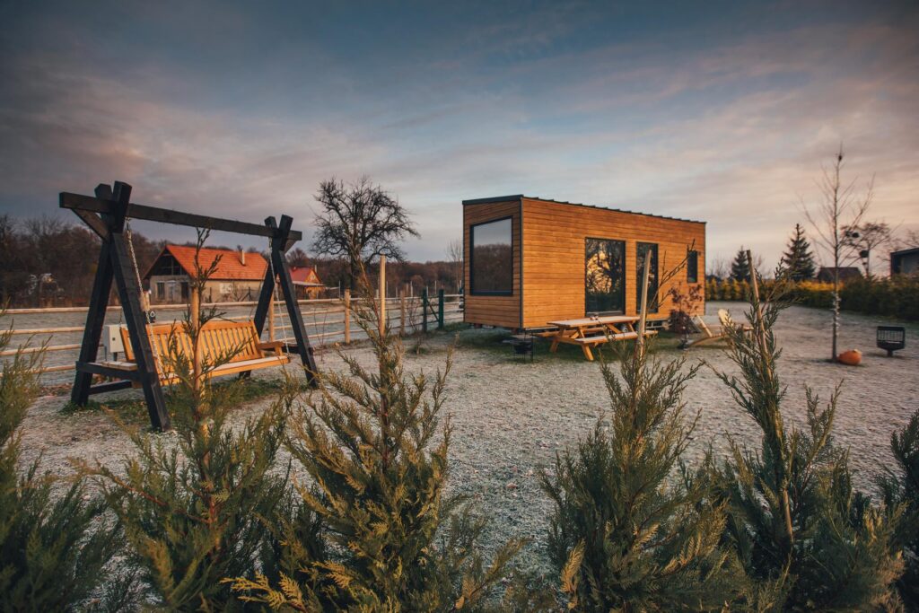 Tiny house on wheels. Adventurous outdoor living concept.