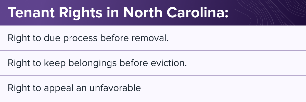 Tenant Rights in North Carolina: Right to due process before removal. Right to keep belongings before eviction. Right to appeal an unfavorable