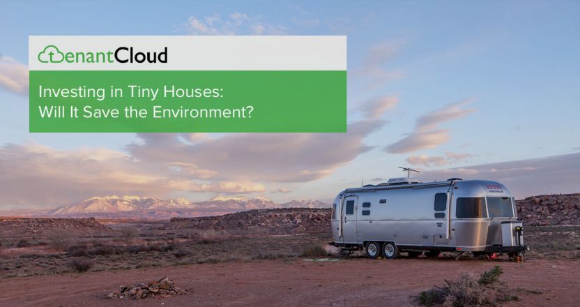 TenantCloud blog card titled "Investing in Tiny Houses: Will It Save the Environment?" over a silver Airstream trailer parked in a desert at sunset.