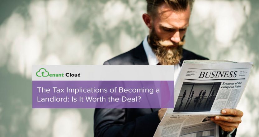 A man reading a news paper, with a separate purple header next to him stating "the heading the ttax implications of becoming a landlord: is it worth the deal?."