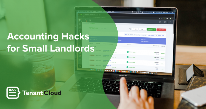 A white text over a green background stating accounting hacks for small landlords, besides an image of a person working on a laptop.