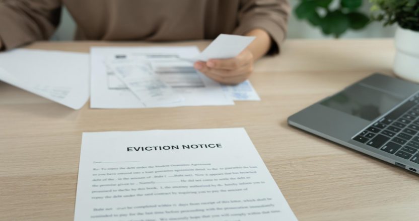 woman is stressed due to imminent seizure of assets, debts, financial problems, loans, guarantees document with the text eviction notice, debt, property, loan, agent, bankruptcy