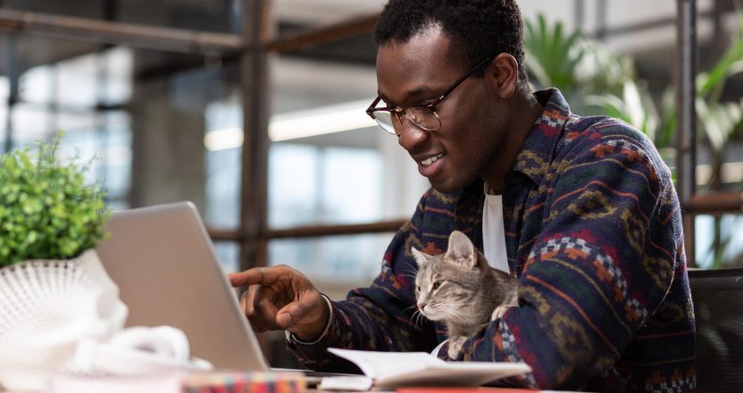 Man working together with his grey cat