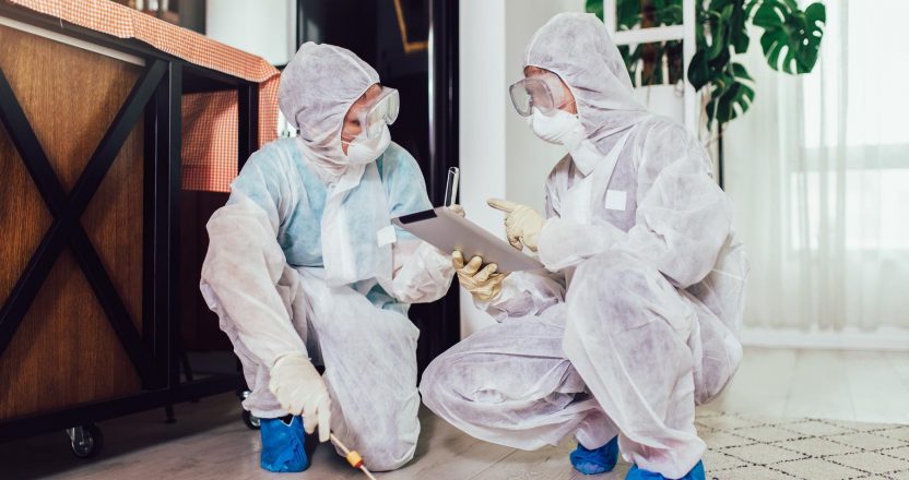 Specialists in protective suits do disinfection or pest control