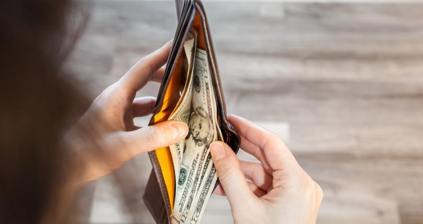 Person open and peeking cash inside wallet, 20 dollar of pocket money for daily life spending. People looking down for debt payment. American currency banknotes, worldwide business financial concept.