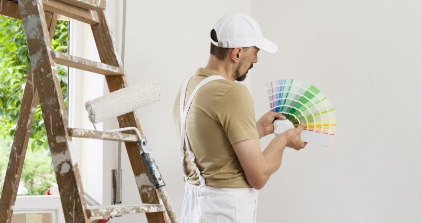 house painter man decorator choose the color using the sample swatch, work the white wall of the house to renovate, a wooden ladder, a paint roller and a green window as a background