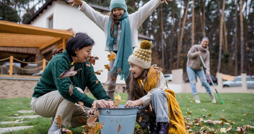 Happy little girls with grandmother picking up leaves and putting them in bucket in garden in autumn