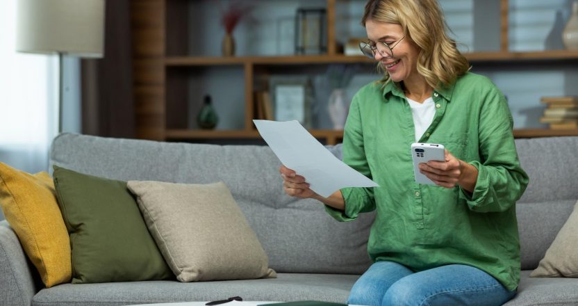 An elderly smilling woman sits at home on the sofa, holds the phone in her hands, works with documents, financial accounts, rent, loans, agreements