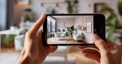 hands holding a Smartphone and take a picture of modern livingroom. Interior designer work with mobile.