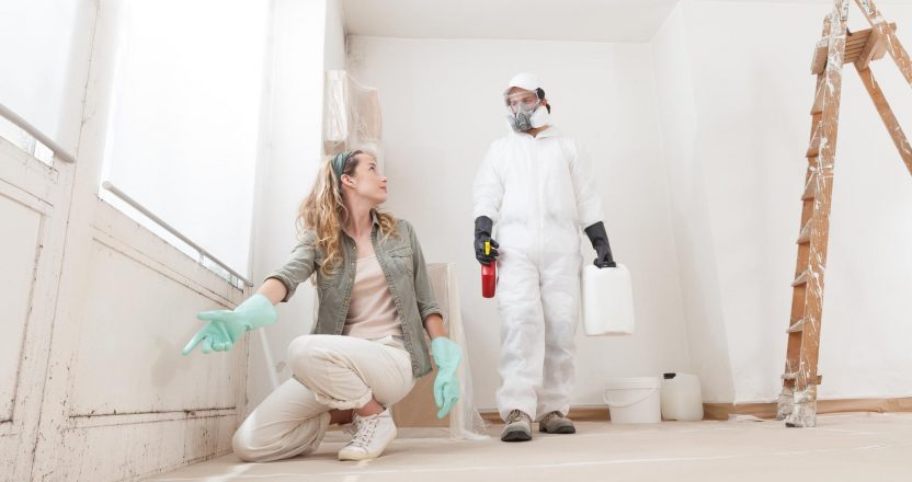 Concerned woman at a home renovation site shows a mold problem to a professional worker using products for mold remediation treatment