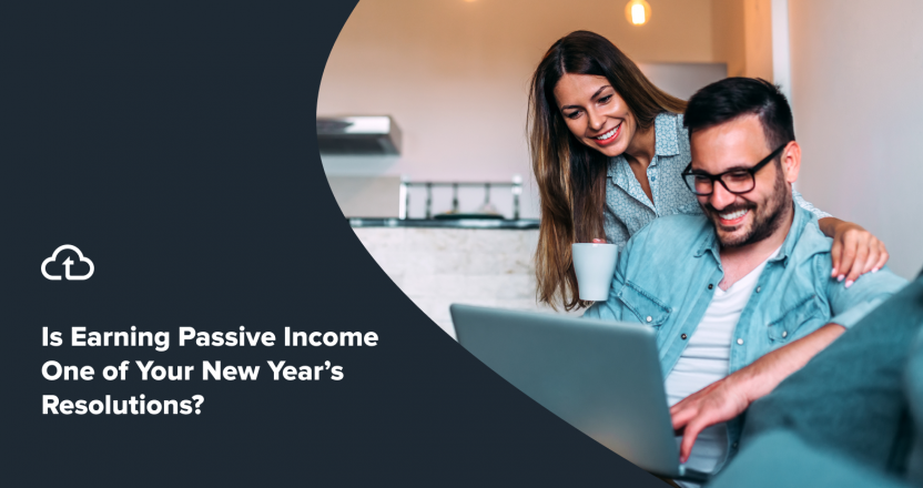 TenantCloud blog card asking "Is Earning Passive Income One of Your New Year's Resolutions?" beside a smiling couple looking at a laptop in a kitchen.