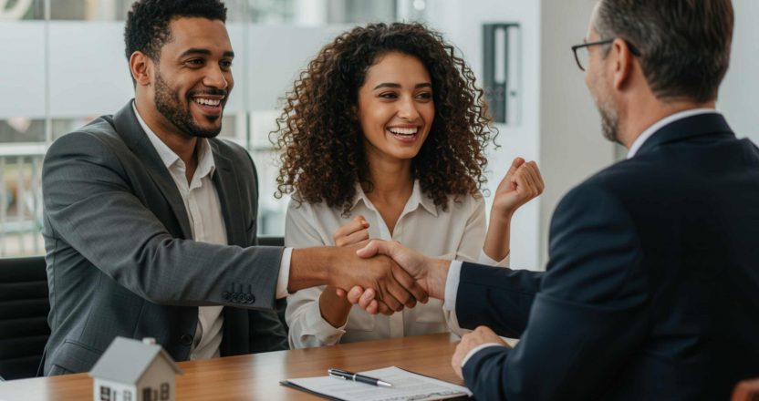 Two investors shake hands with an agent over a rental property agreement.
