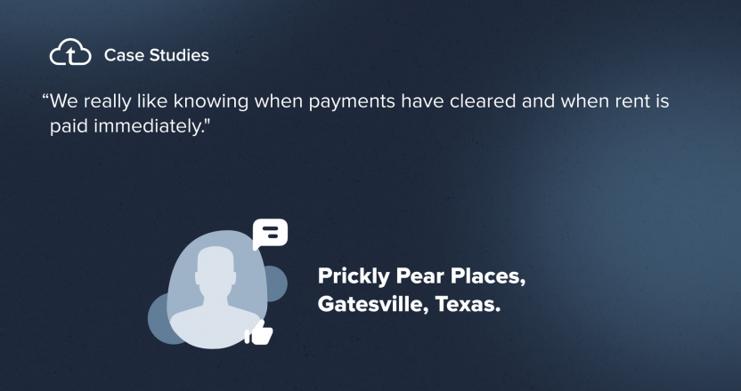 A case study quote from Prickly Pear Places praising TenantCloud's tracking of cleared payments and rent.
