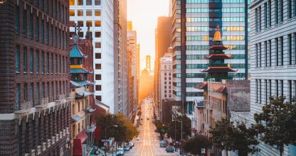 Downtown San Francisco with California Street at sunrise, San Francisco, California, USA