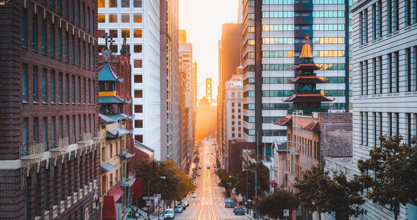 Downtown San Francisco with California Street at sunrise, San Francisco, California, USA